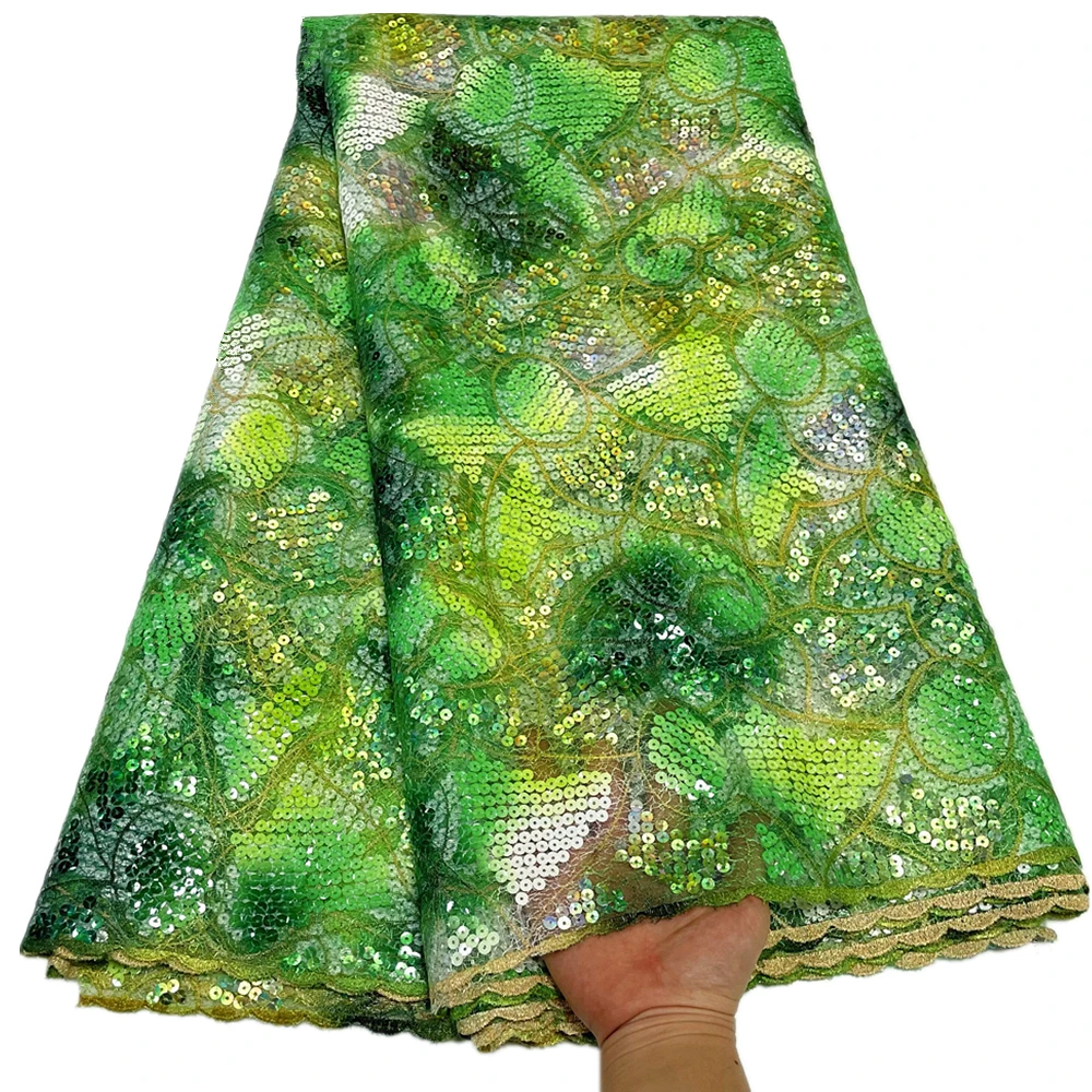 2023 Green Nigerian French Fabric Embroidered Sequins Squares Pattern Tulle Lace For Wedding Party 5 Yards