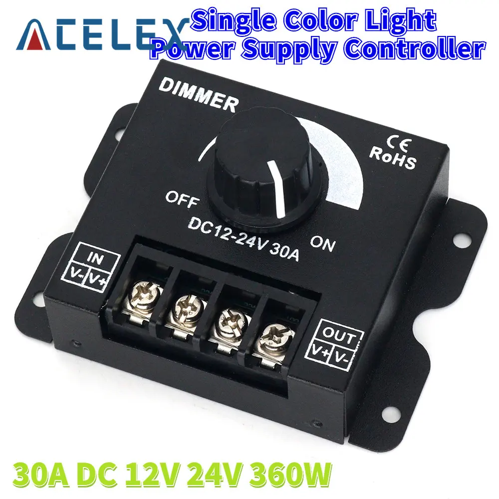 

LED Dimmer Adjustable Brightness Lamp Bulb Strip Driver Single Color Light Power Supply Controller 30A DC 12V 24V 360W