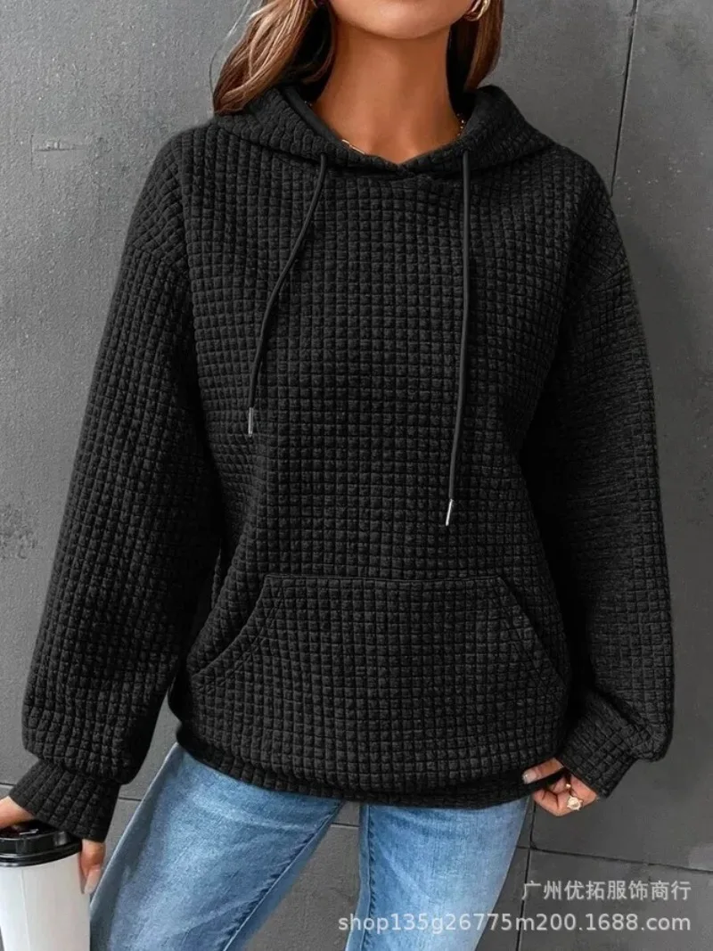 

Loose Casual Drawstring Pullover Women Autumn 2023 Solid Color Casual Fitting Hooded Long Sleeved Patchwork Waffle Sweatshirts
