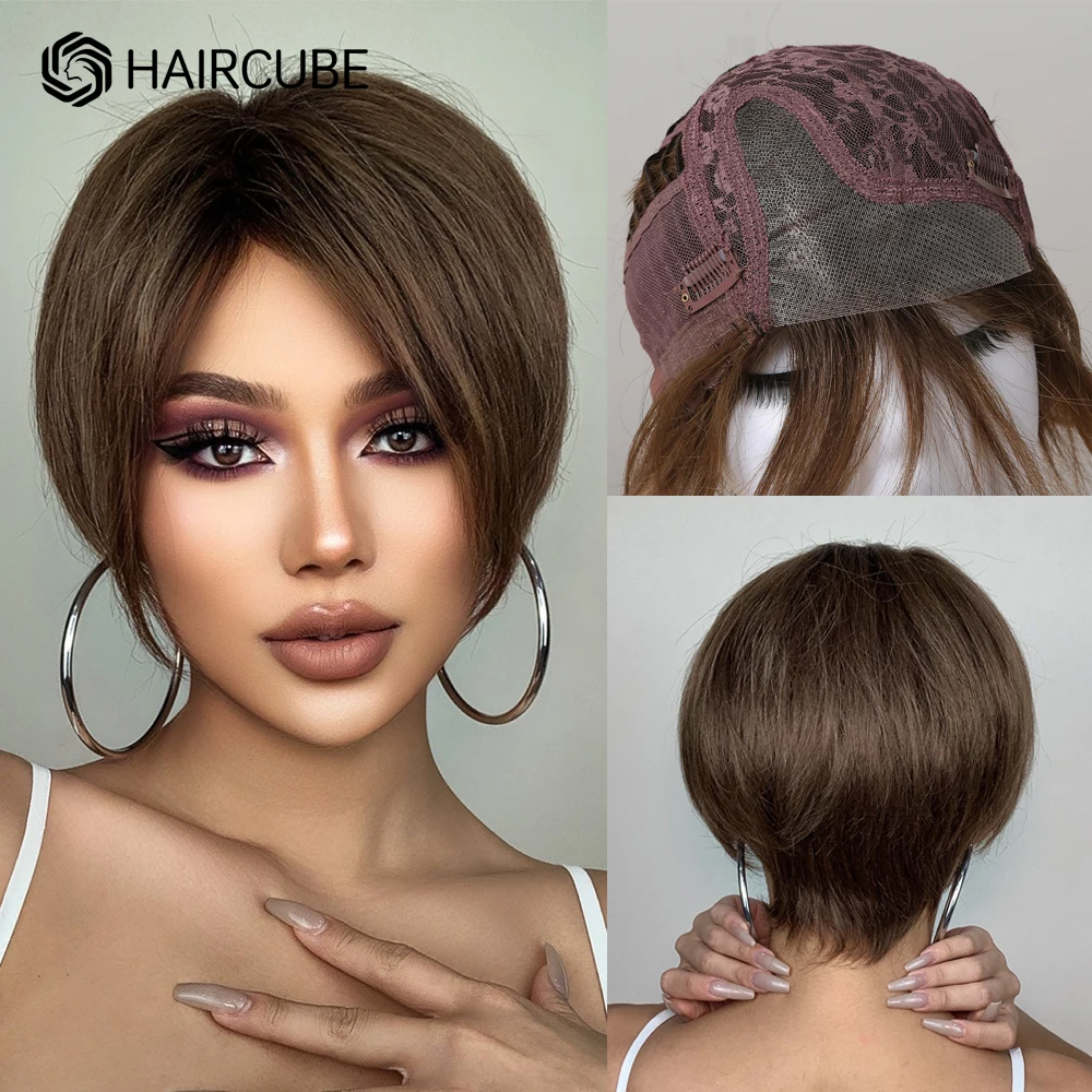 Human Hair Wig Pixie Cut Wigs 13x1 T Part Lace Front Human Hair Wigs for Women Brown Short Straight Bob Wig Natural Hairline