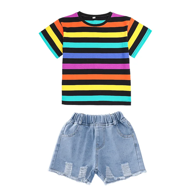 

Summer Girls Clothes Set Striped T-Shirt & Hole Denim Shorts 2Pcs Kids Clothing Tracksuit Children Casual Girls Sportswear