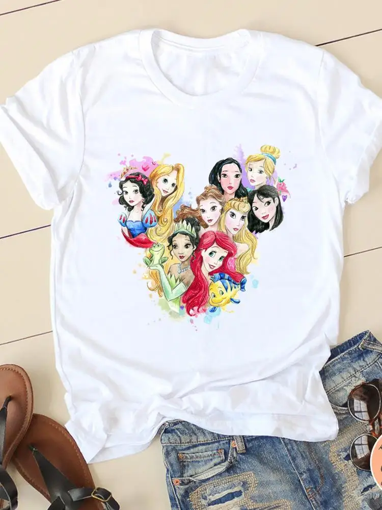 Disney Cartoon Watercolor Princess Tee Shirt Mickey Mouse Women Short Sleeve Print Clothing Casual Fashion Graphic T-shirts