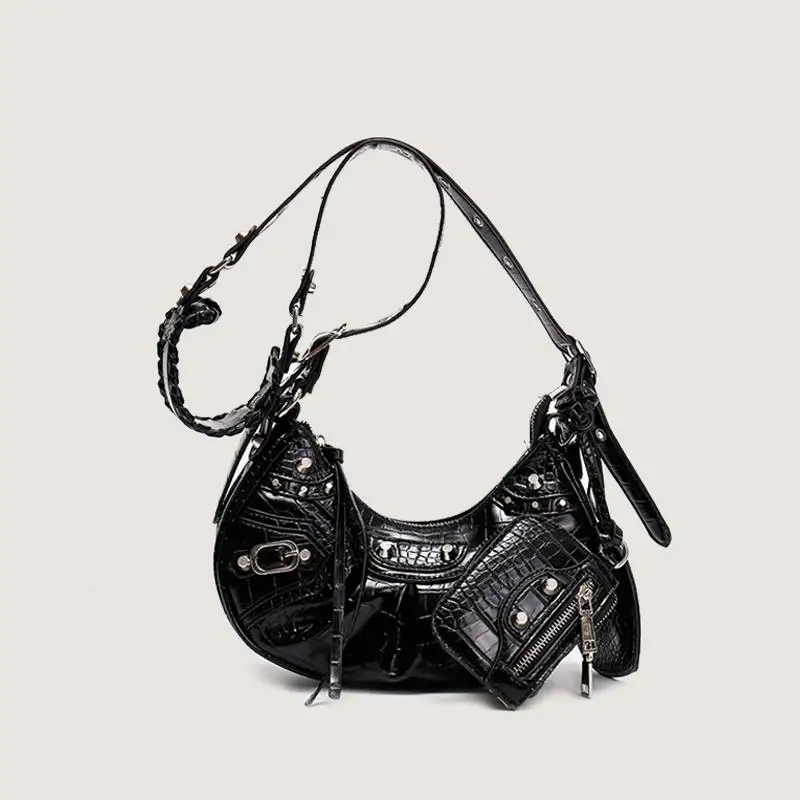 

3 шт. дизайнерские мотоциклетные сумки через плечо с заклепками, Женская Роскошная брендовая Сумочка, кошелек для монет, черная сумка-хобо и...