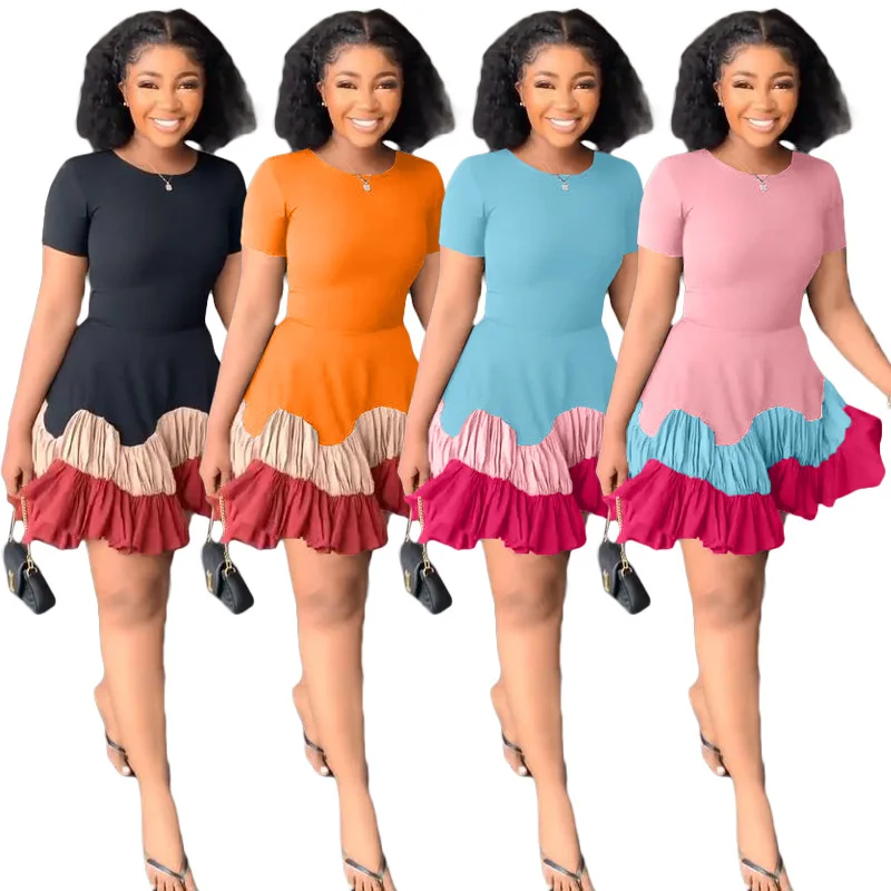 

Summer Contrast Colors Short Sleeves Women Pleats Dress Comfortable Round Neck Short Sleeves Ruffles Casual Cake Dresses