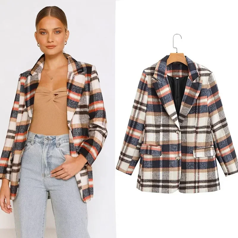 Женская осенняя шерстяная куртка в клетку миниатюрный ленивый топ европейском и
