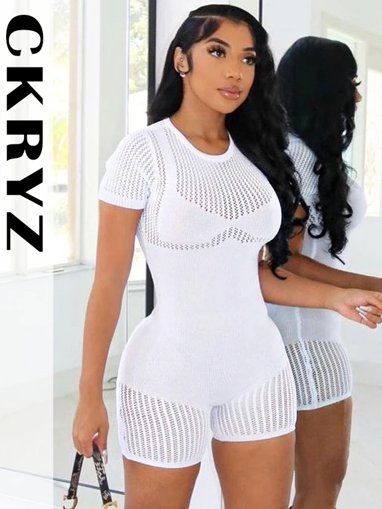 

Ladies Knitted Hollow Out Y2K Short Sleeve Zip Up Sexy Bodycon Playsuit Women Summer Fashion Sport Streetwear One Piece Romper