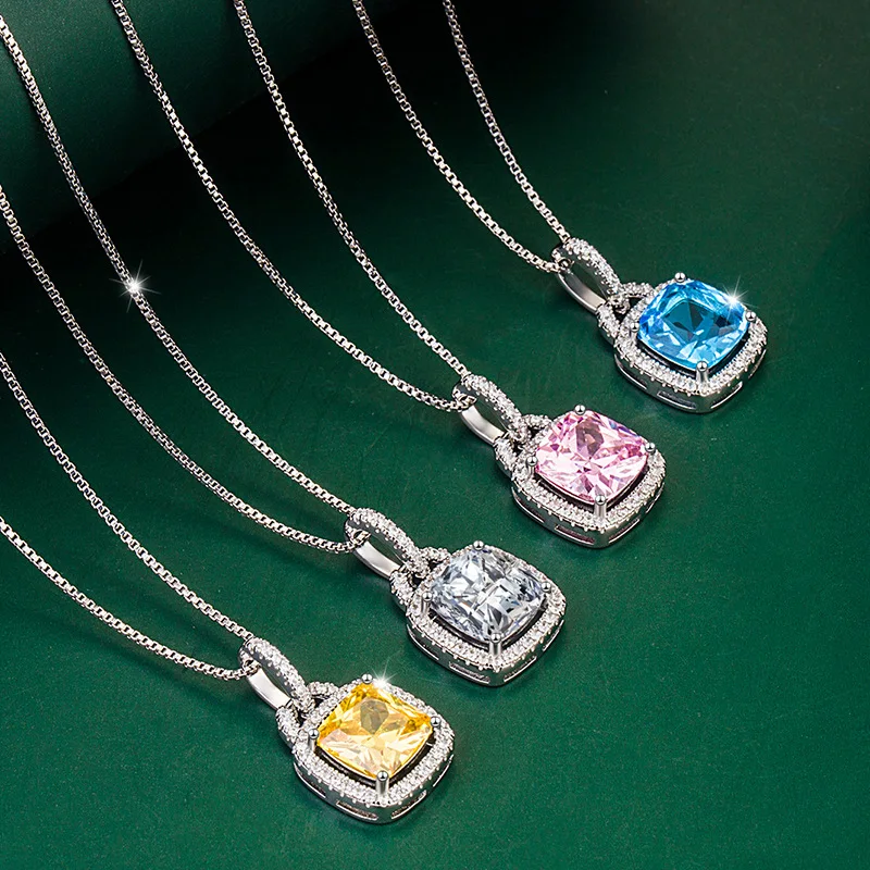 

New Square Zircon Colored Diamond Luxury Pendant To Attend The Banquet Bride Necklace Female Micro-set Yellow Diamond Jewelry