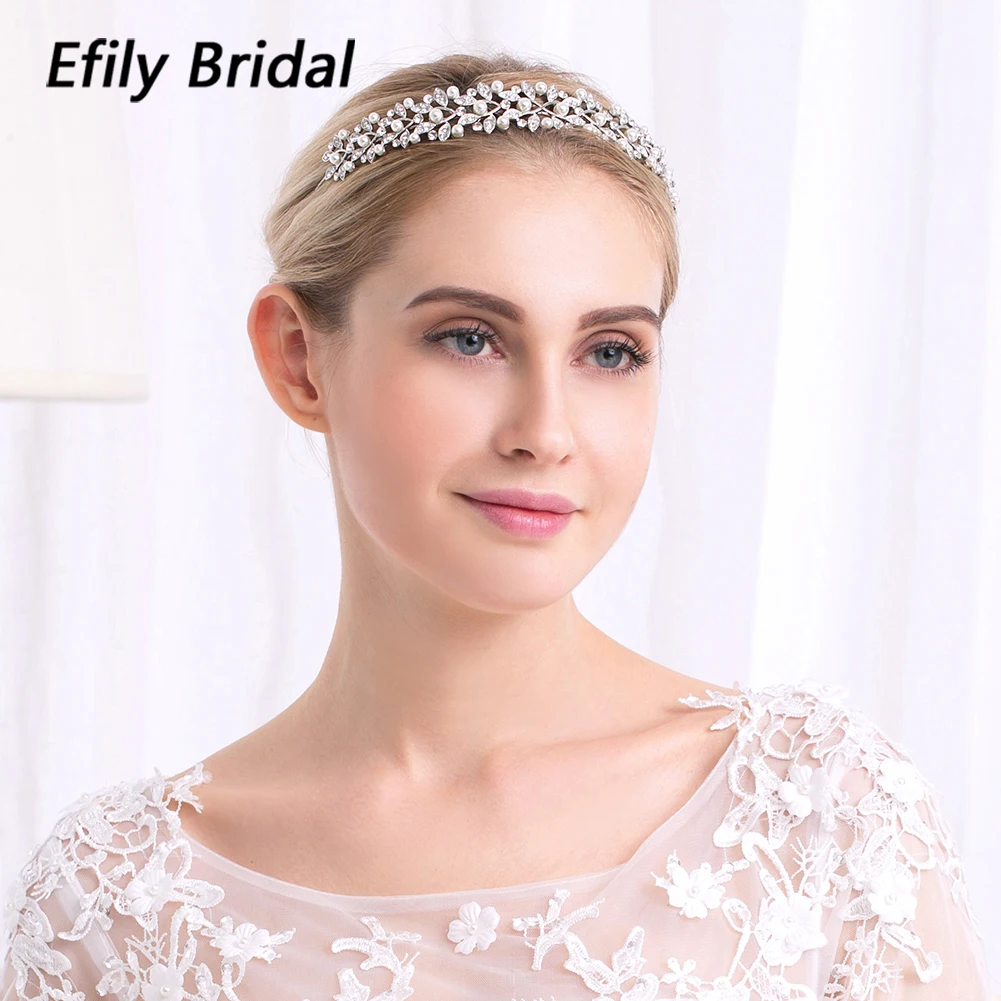 

Efily Rhinestone Pearls Crown Headband Vintage Crystal Bridal Tiaras Wedding Hair Jewelry Leaves Princess Diadem for Women
