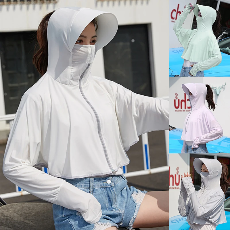 

Sun Protection Hooded Jacket Women Summer Ice Silk Uv Sunscreen Outdoor Cycling Batwing Breathable Quick-drying Masked Clothing