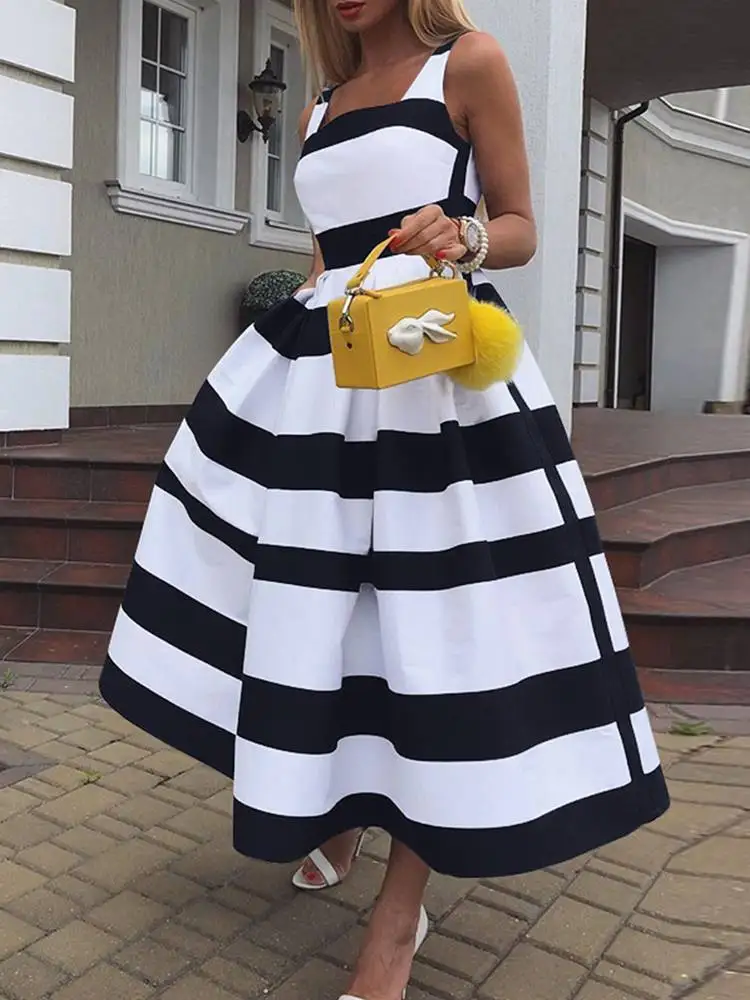 2022 Summer Satin Maxi Dress ZANZEA Striped Print Tank Dresses Fahion Swing A Line Vestidos Women French Elegant Sleeveless Robe