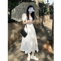 french style split dress summer 2022 new style western style first love high waist square neck bubble sleeve womens dress