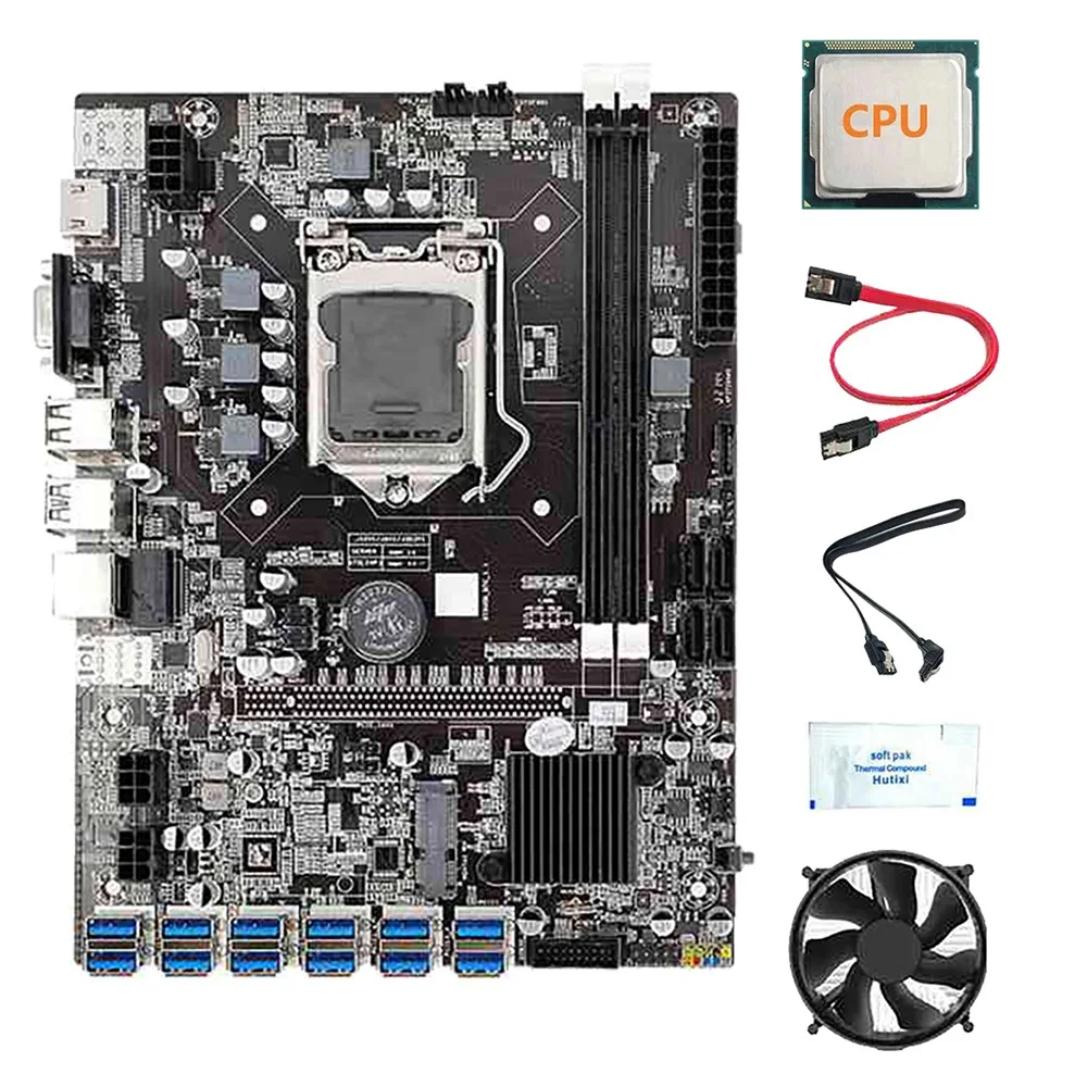 

12 Cards B75 BTC Mining Motherboard with Random CPU+Fan+Thermal Grease+2X SATA Cable 12X USB3.0 LGA1155 DDR3 RAM SATA3.0