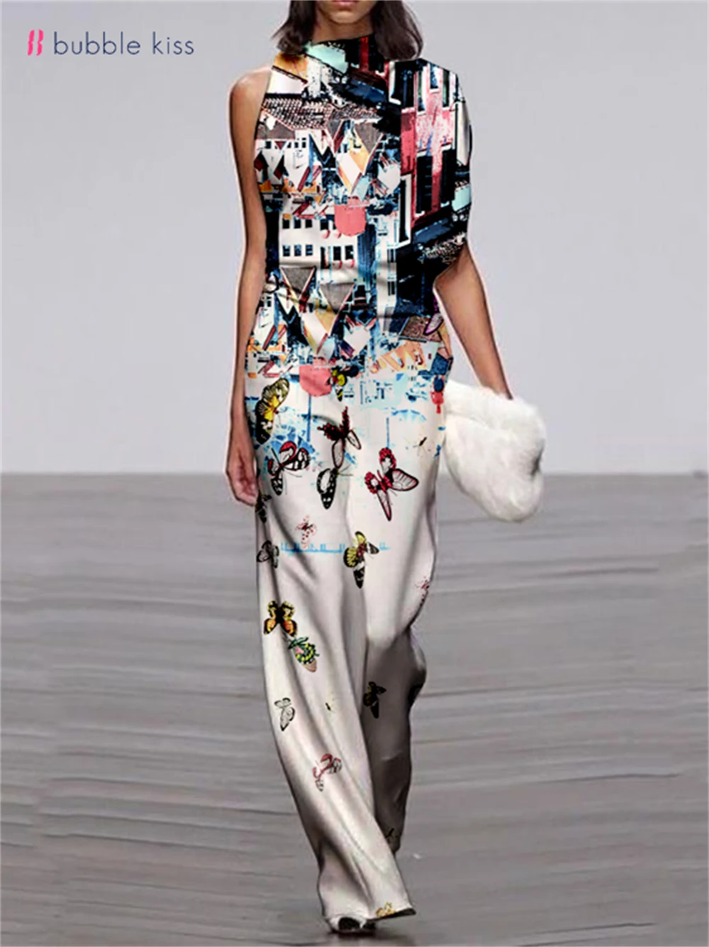 BubbleKiss Summer Fashion Women Jumpsuit Human Head Abstract Print Wide Leg Pants Elegant Office Lady Female Jumpsuit