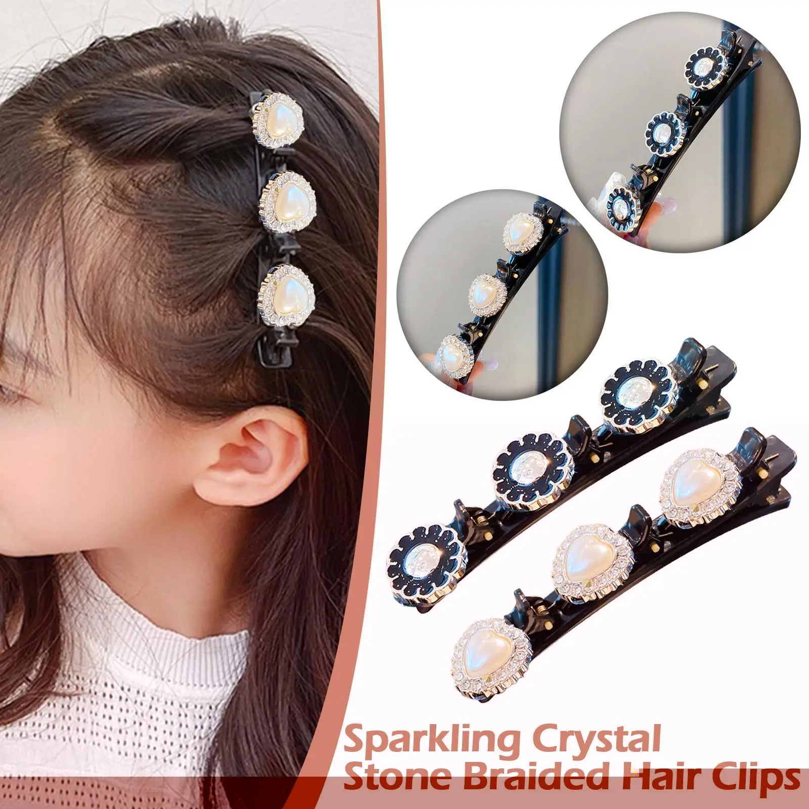 

Fashion Girls Sparkling Crystal Stone Braided Hair Clips With Toothed Anti-skid Heart Floral Model Double Bangs Hair Clips Braid