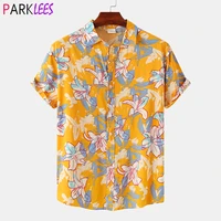 yellow floral hawaiian beach shirt men 2022 summer new short sleeve plus size aloha shirt casual holiday party clothing chemise