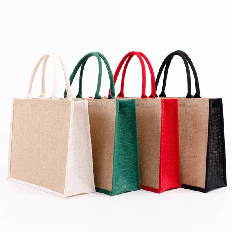 

2023 New Reusable Blank Burlap Tote Women Jute Beach Shopping Grocery Bag with Cotton Handle Travel Storage Organizer Handbag