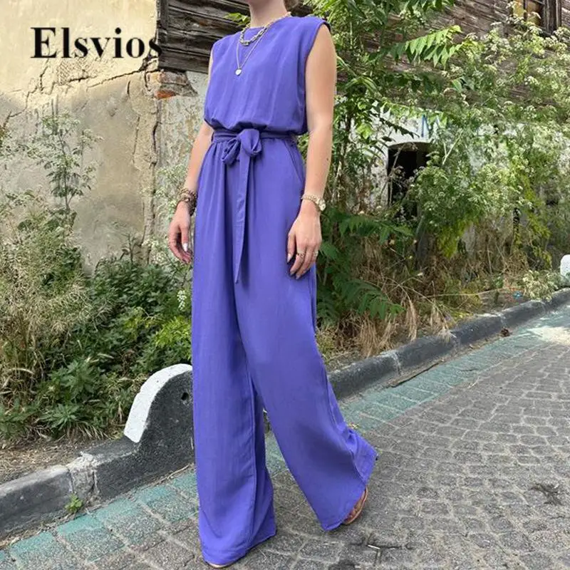 

High Fashion Back Button Commute Jumpsuit Elegant Sleeveless Women Solid Romer Lady Casual Tie-up Belt Pocket Overalls Playsuits