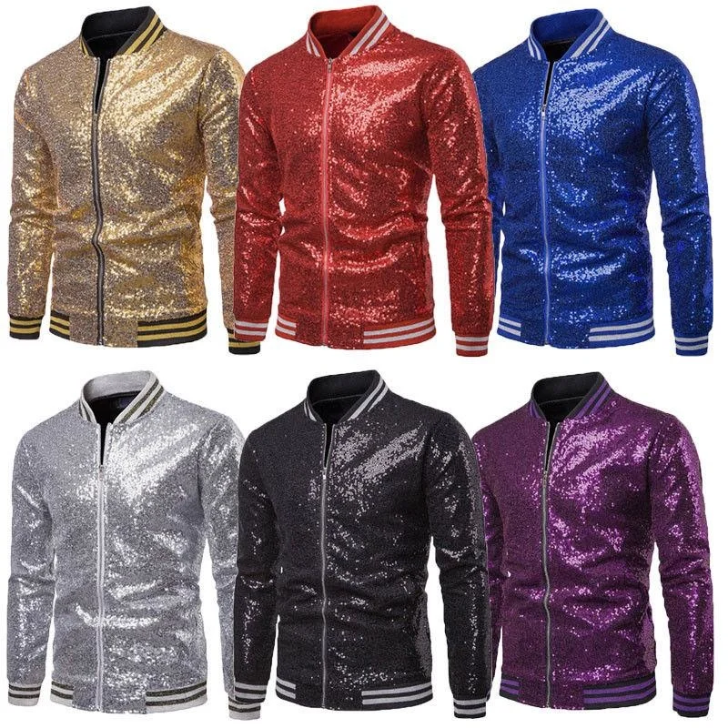 

Men's Jackets Fashion Mens Sequins Long Sleeve Zip Up Jacket Outwear Club Party Sequined Coats Formal Business Stage Suit
