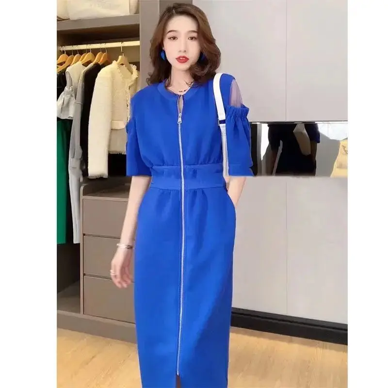 

Elegant Dress 2023 Spring Round Collar Half Puff Sleeve Vestidos Single Zipper High Waist Office Solid Color Dress X25