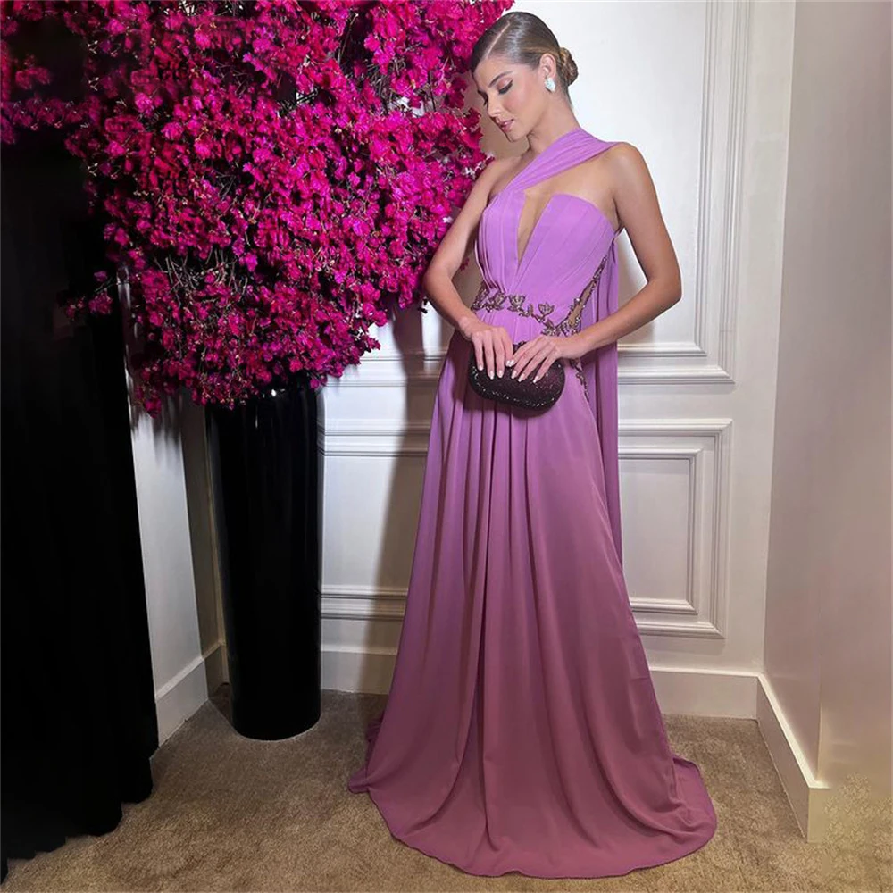 

Grape Beach Chiffion Prom Dress Halter Neck Celebrity Dresses Fashion Women's Evening Dress Pleat Formal Gown Custom 프롬 드레스