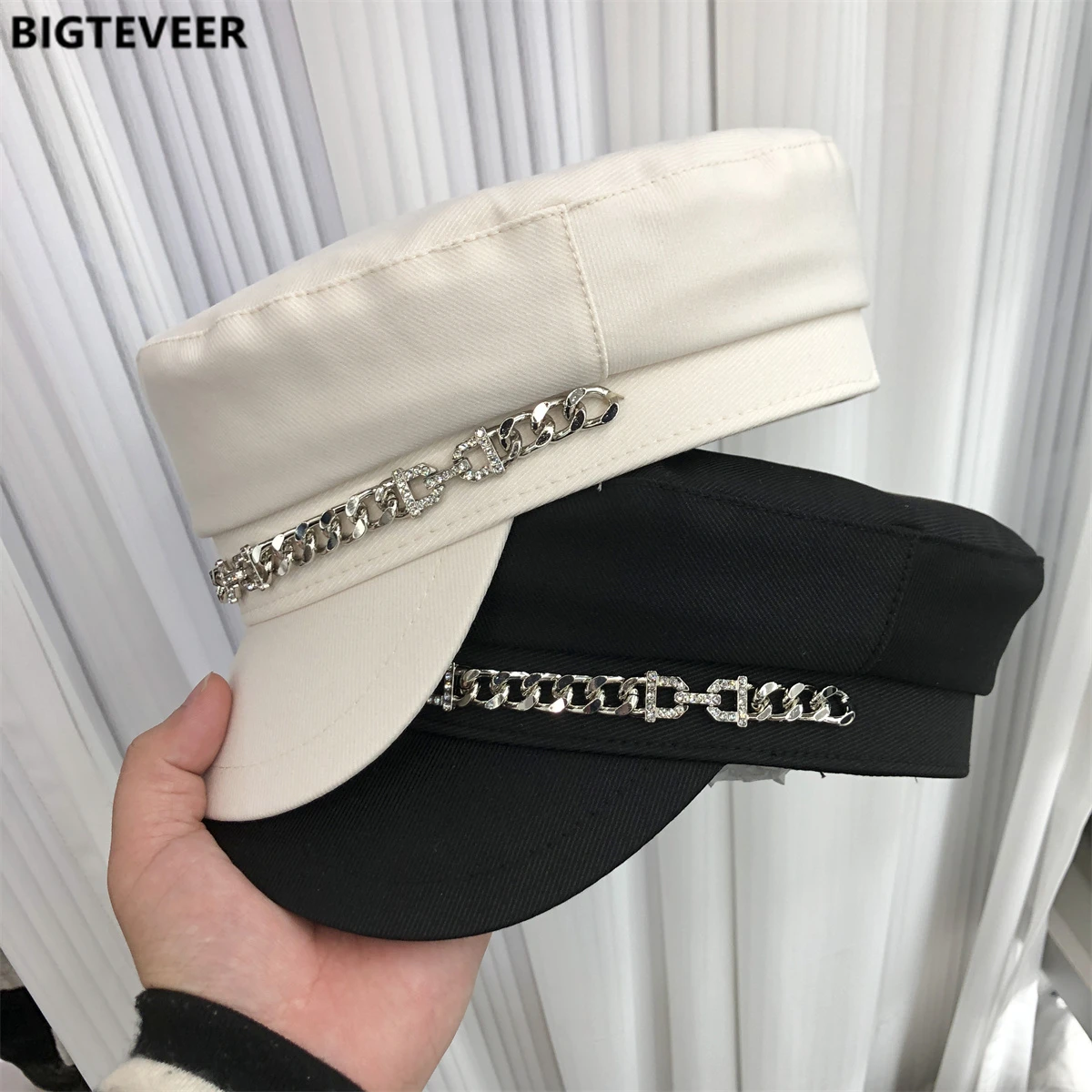 

European American Fashion Rhinestone Chain Four Seasons Fashion Women Navy Hat Art Painter Hat High Quality Shopping Women Hat