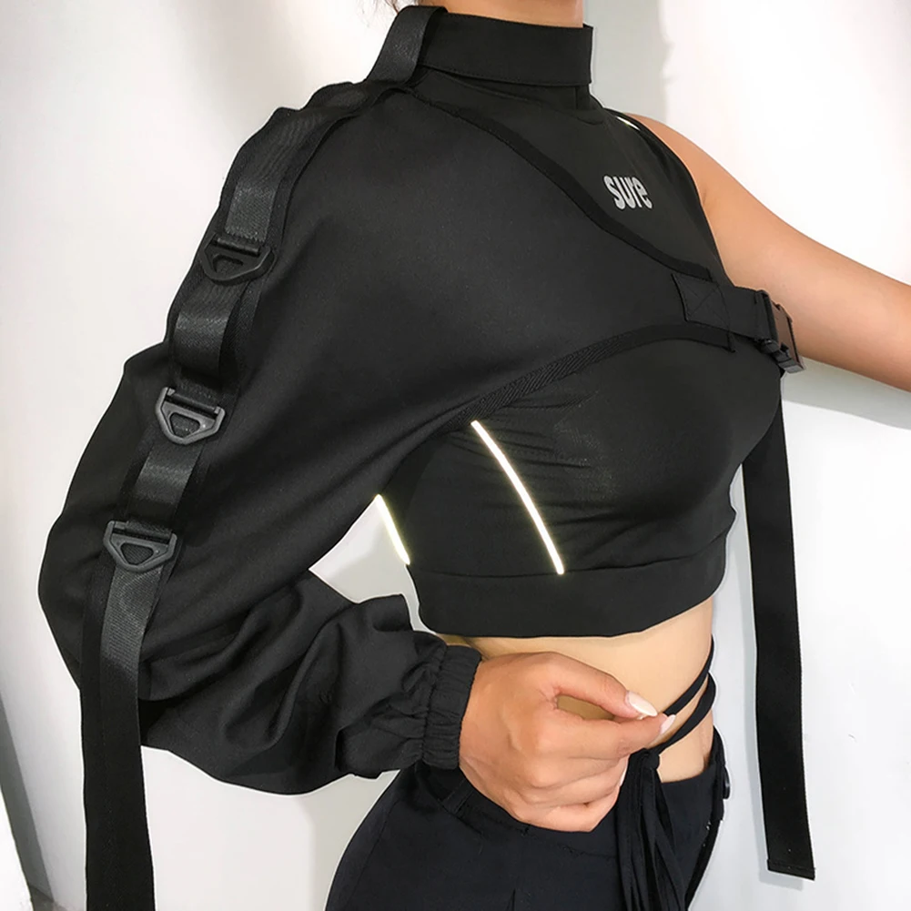 

y2k aesthetic Reflective Women Punk Irregular Cargo Tops Slim One Shoulder Tops A Bag Buckle Harajuku Long Sleeve T-shirt Female