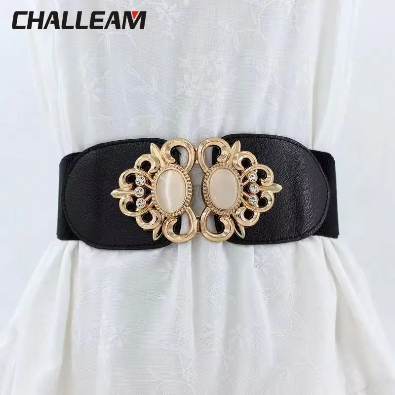 

Women's Wide Belt Women's Gold Designer Elastic Belt Dress Jacket Imitation Gemstone Versatile Luxury Belt Accessories x279