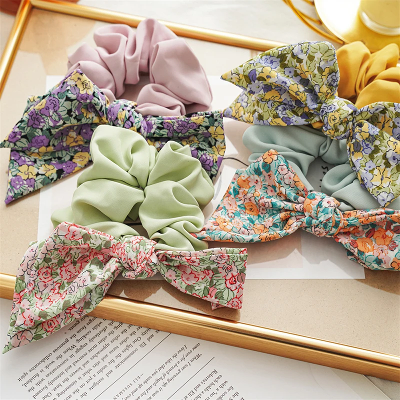 

Flower Solid Color Bow Tie Knotted Hair Ring Big Bowknot Scrunchies Ponytail Holder Hair Rope Chiffon Floral Elastic Hair Band