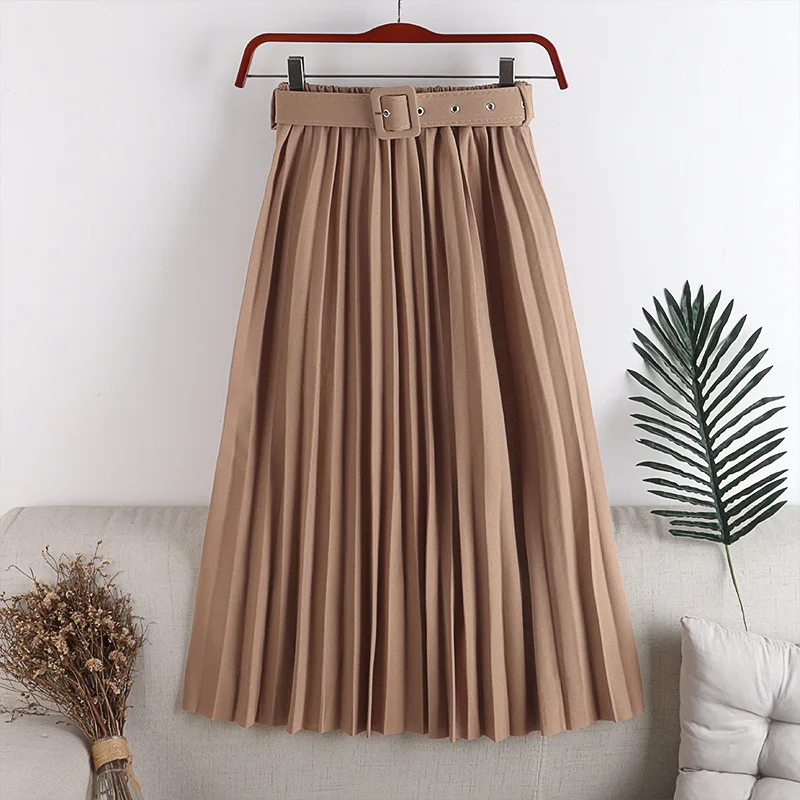 New High Waist Women's Pleated Skirts with Belted Spring Summer Minimalism Elegant Office Female Mi-long Skirt