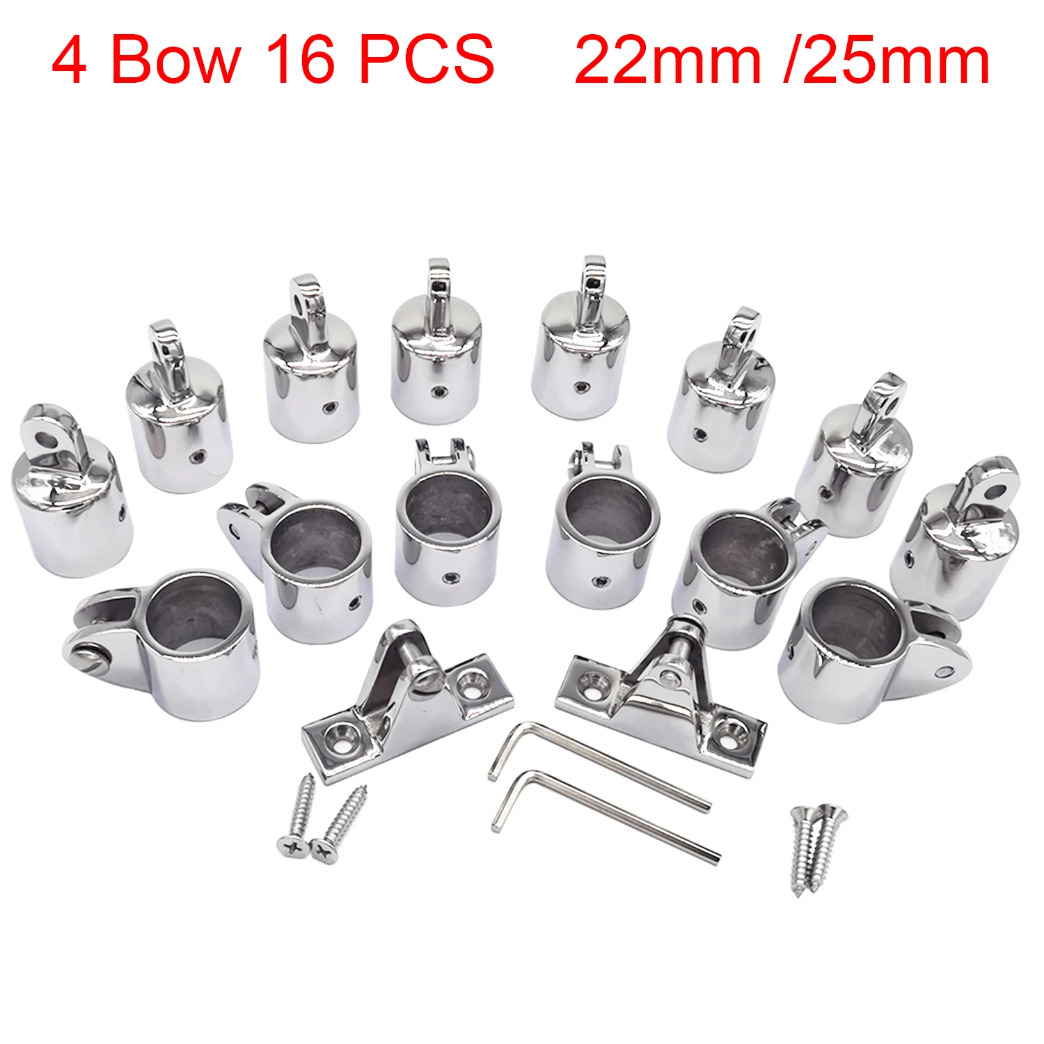 16PCS Marine 316 Stainless Steel 4-Bow Bimini Top Hardware Set Deck Hinge Jaw Slide Eye End Fitting Boat Accessories for 22/25mm