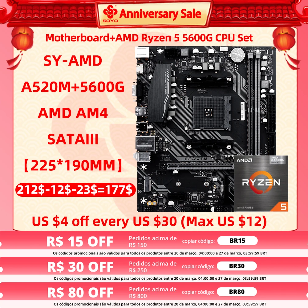 

Материнская плата SOYO Dragon A520M с процессором AMD Ryzen 5 5600G, двухканальная DDR4 RAM AM4 PCIE3.0x16 для настольных компьютеров
