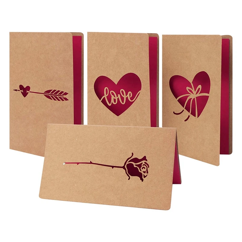 

Creative Kraft Paper Laser Hollowed Out Love Greeting Card Valentine's Day Card (Including 4 Cards And 4 Envelopes)
