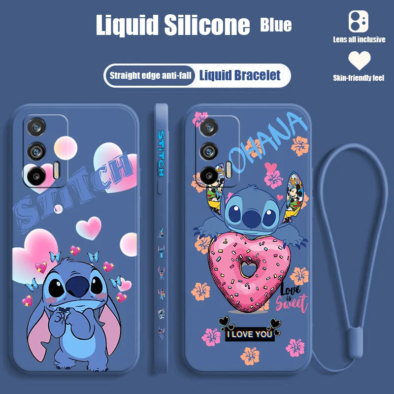 

Disney Stitch Love Cute For Realme Narzo 50A 50i 30 10 V23 Q5i Q5 GT2 GT Neo 3T C21Y XT X2 Pro Liquid Left Rope Funda Cover