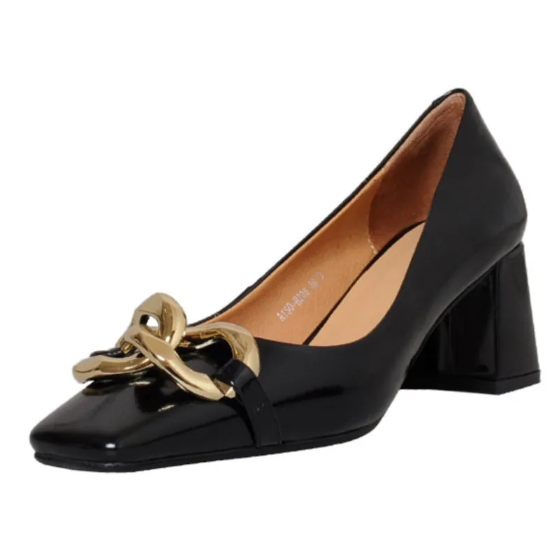 

Dilalula Women Pumps Spring Classic Office Lady Wedding Party Mature Fashion Metal Genuine Leather Thick Heels Shoes Woman
