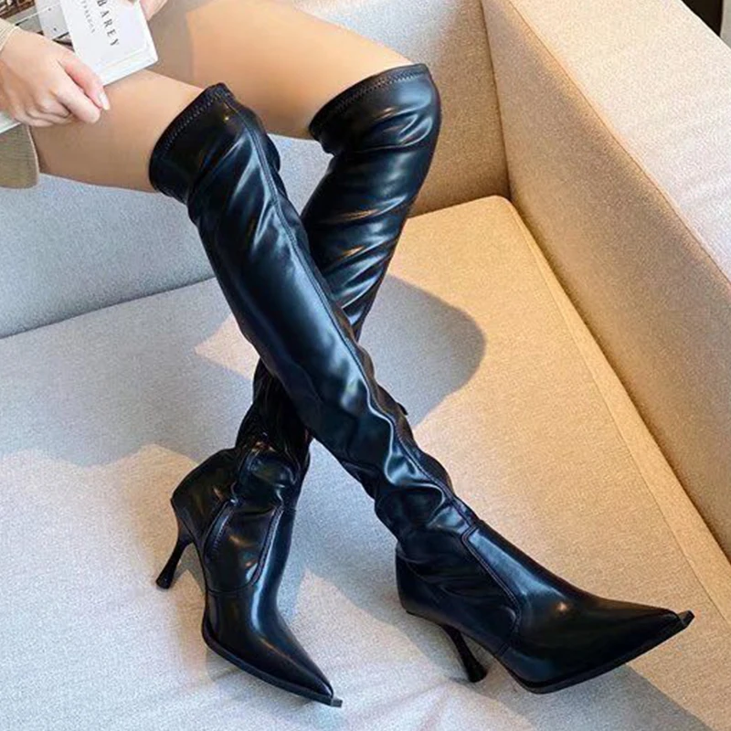 

Ladies Pumps Over-the-Knee Boots For Women Heels Fashion Western Modern High Boots Office Lady Pointed Toe Rubber Female Shoes