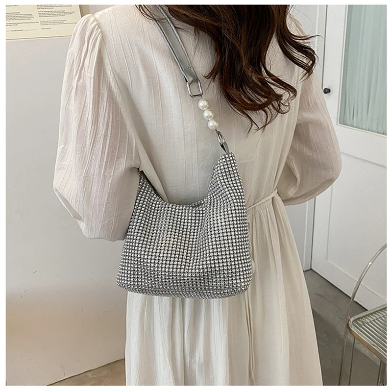 

Women INS Fashion Rhinestone Square Bag Ladies Messenger Bag Designer Pearl Chain Shoulder Corssbody Bags Сумка Женская Багет