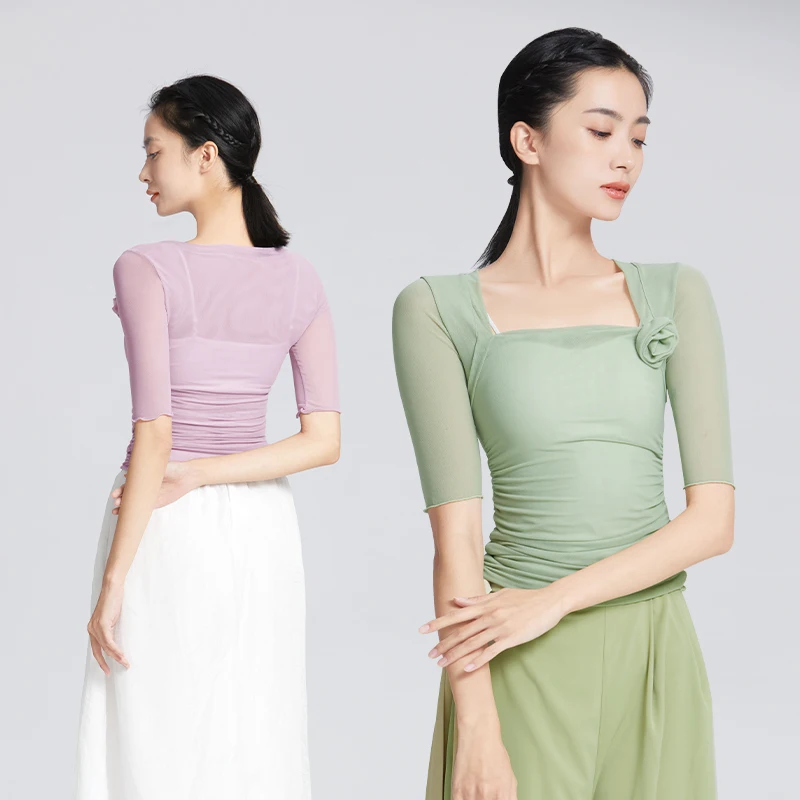 Женские Балетные топы с квадратным вырезом сетчатый нейлоновый Топ рукавами