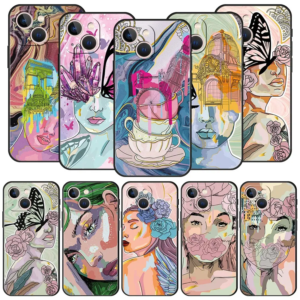 

Paris Art blue butterfly Girl flower Soft Silicone Phone Case For iPhone 11 12 13 14 Pro Max Mini X XR XS 7 8 Plus SE 2020 Cover