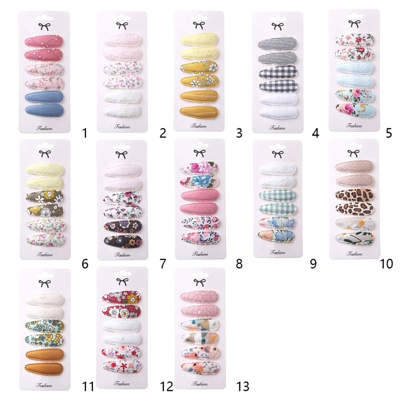 

67JC 6Pcs/Set Kids Baby Girls Waterdrop Shape Small Hair Clips Sweet Floral Print Cloth Covered Metal Snap Barrettes Hairpins