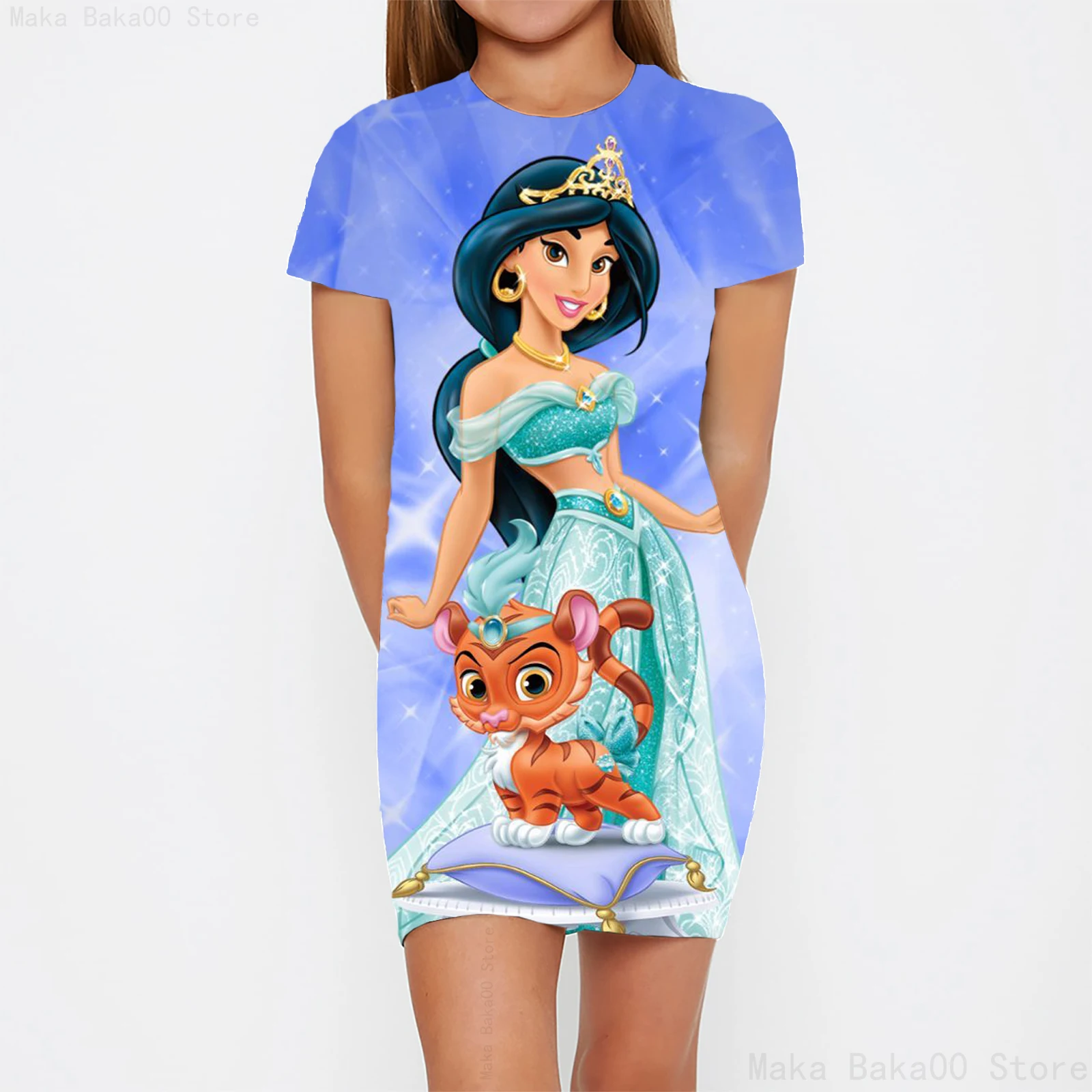 

Summer New Disney Princess Jasmine Casual Fashion Princess Dress Printed Round Neck Cartoon Princess Tight Dress