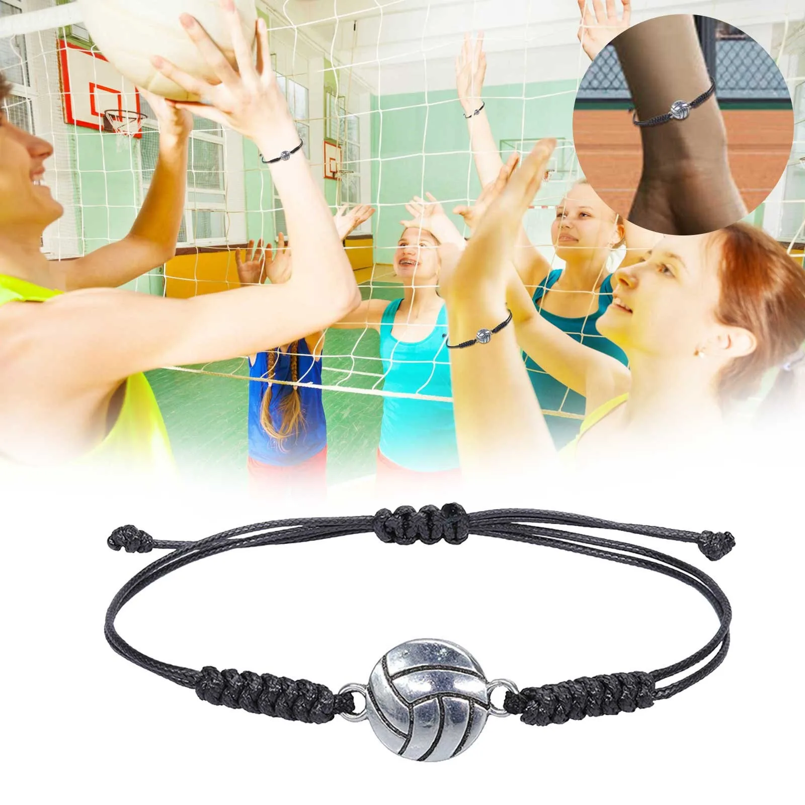 Volleyball Bracelet Adjustable Volleyball Charm Alloy Bracelet Boy Girl Teenager Gift Hand Woven String Olive Volleyball Sports