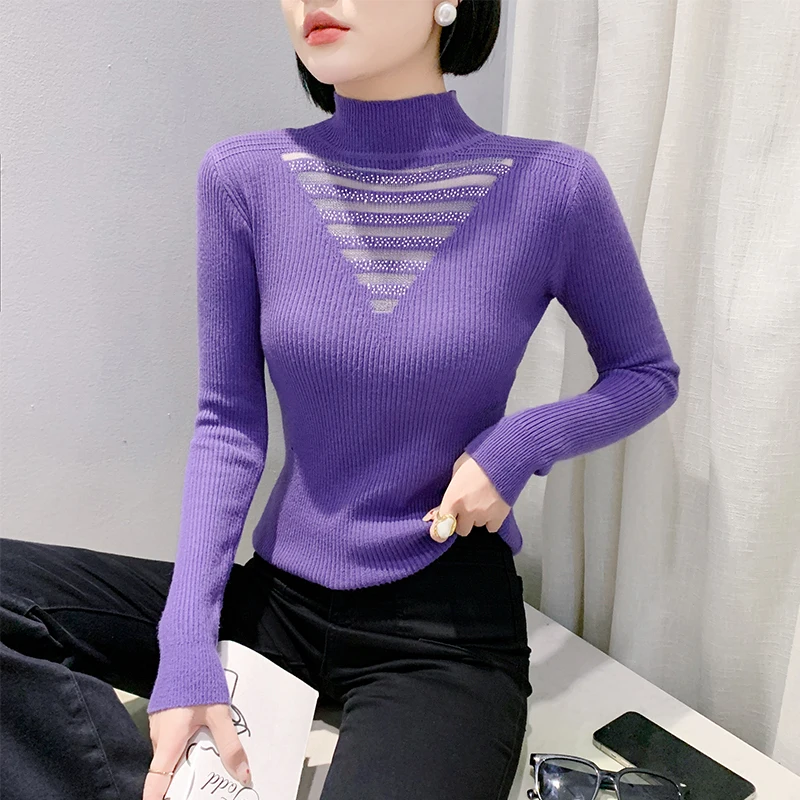 # 4937 черный фиолетовый вязаный свитер женский сетчатый с разрезом бриллианты