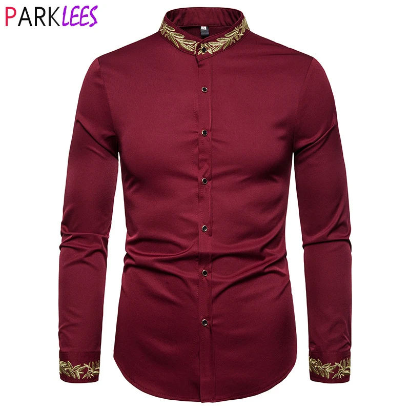 

Men's Luxury Gold Embroidery Mandarin Collar Dress Shirts Slim Fit Long Sleeve Wine Red Shirt Men Party Wedding Dinner Camisas