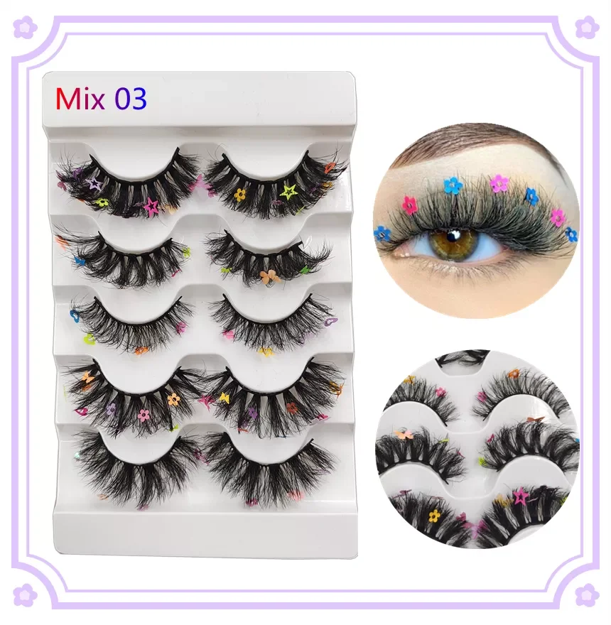 Pairs Red, Green, Yellow, Pink Colored Eyelashes for Wholesale Colorful Faux Lashes in Bulk with butterfly and flowers ombre