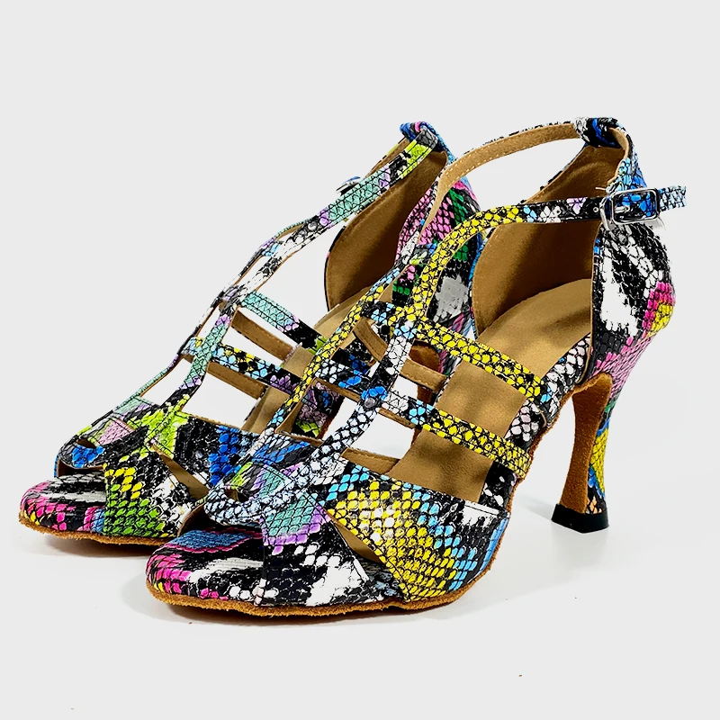 Dancing Shoes Suede Leather Sole Customized Heel 9cm 7cm Colorful Snake Leather African Latin Salsa Dance Shoes Girls