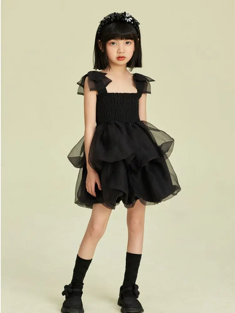 

Summer Girls Little Black Dress kids Sling Dress Baby Mesh Poached Dress Children's Princess Dress For 3-11Y