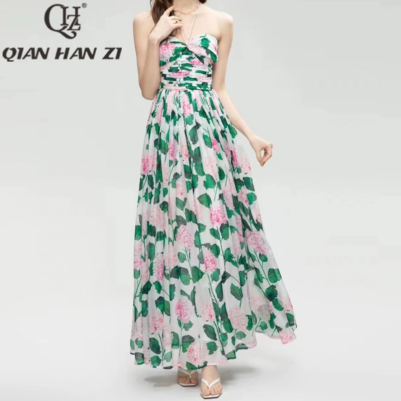 

QHZ дизайнерские модные пикантные пляжные Длинные платья без бретелек для женщин на тонких бретельках плиссированные летние богемные Макси Платья с цветочным принтом