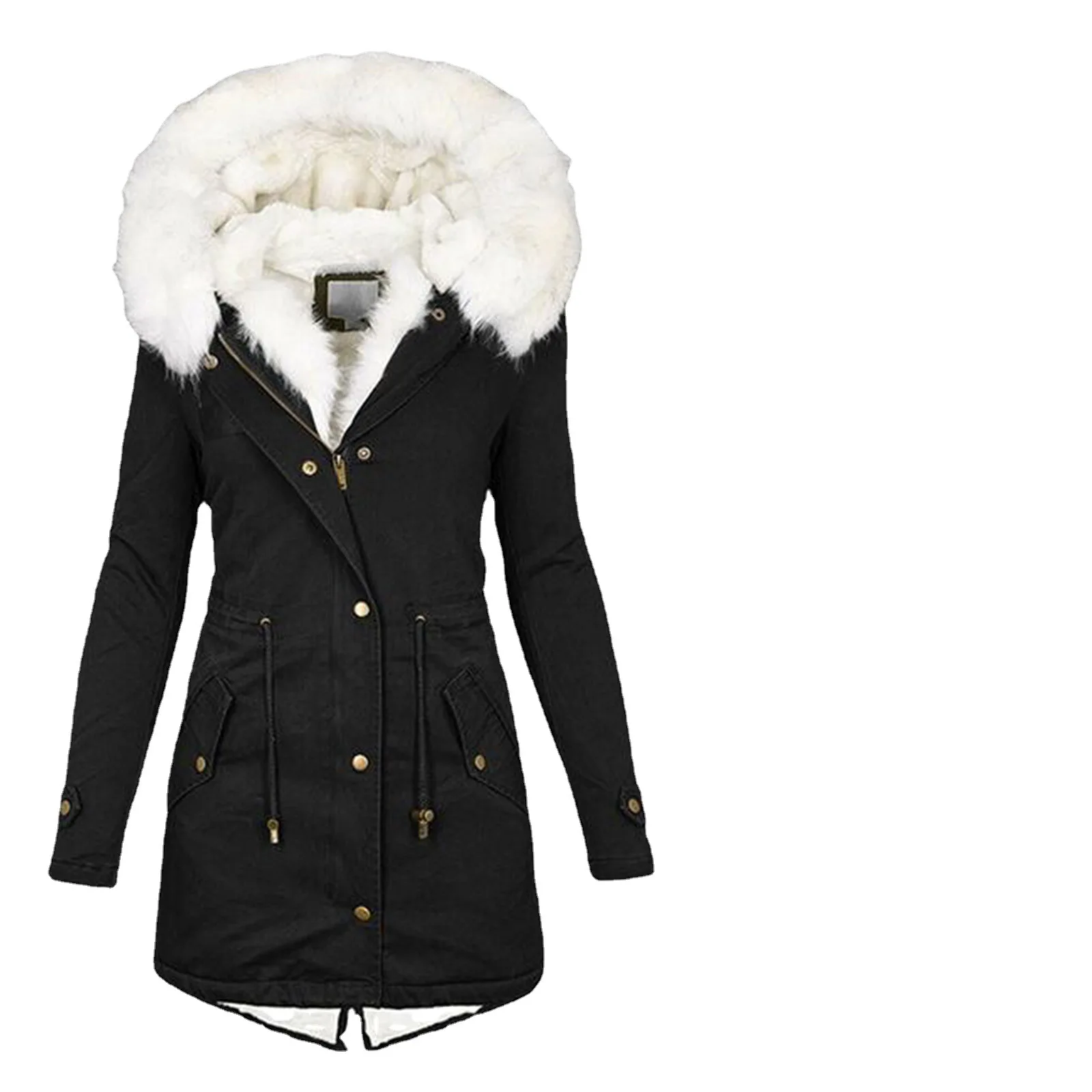 European and American autumn and winter mid-length cotton coat windbreaker white fur collar hooded warm fleece women's clothing