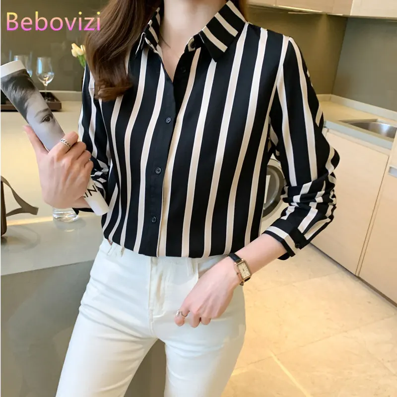 

Autumn Women's Lapel Casual Loose Chiffon Shirt Top Korean Office Lady Stripe Blouse Clothing
