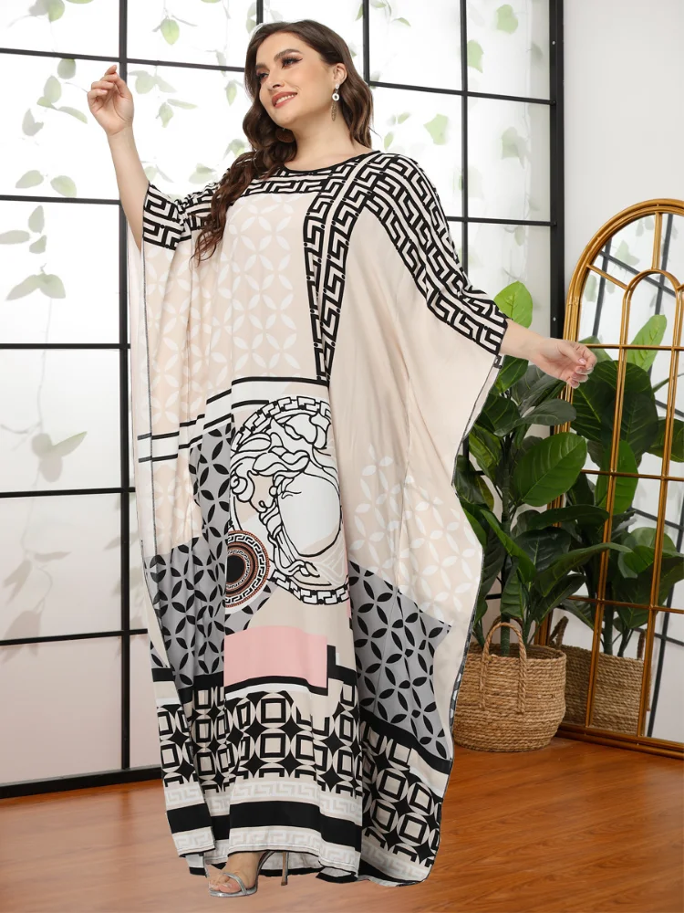 Ramadan Arabic Dresses For Women Print Bat Sleeve Maxi Dress 2022 Casual Loose Oversized Religious Robes Feminine Clothes
